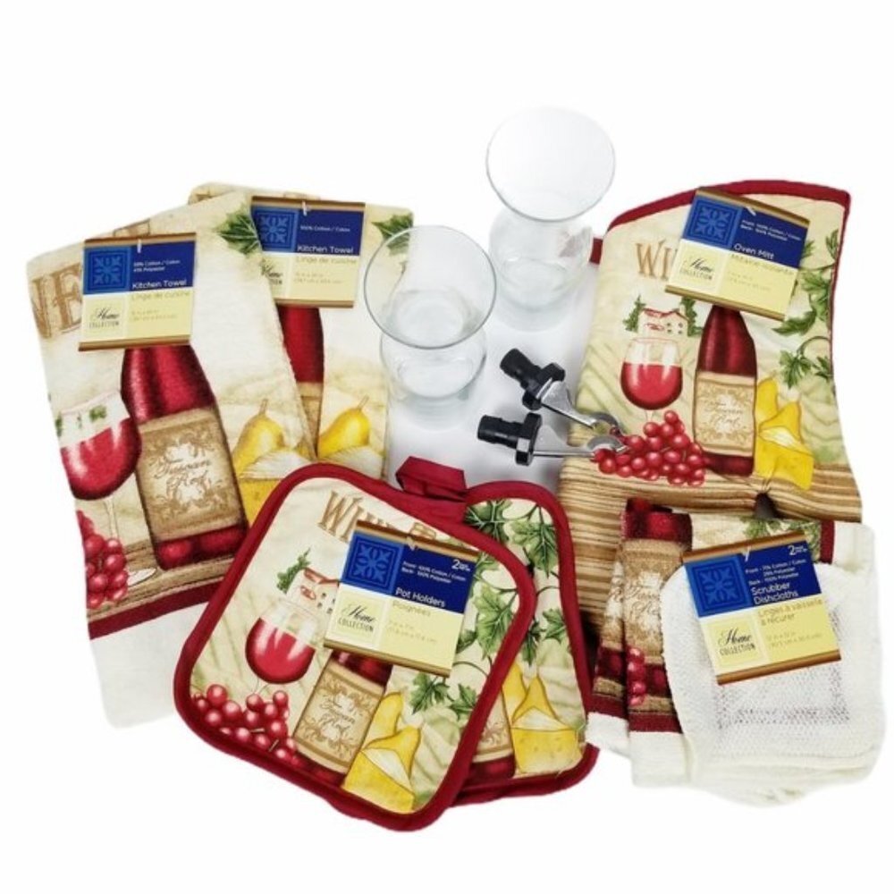 Home Collection 11-Pc Wine Themed Kitchen Linen Pot Holder Wine Carafes‎ Set NEW